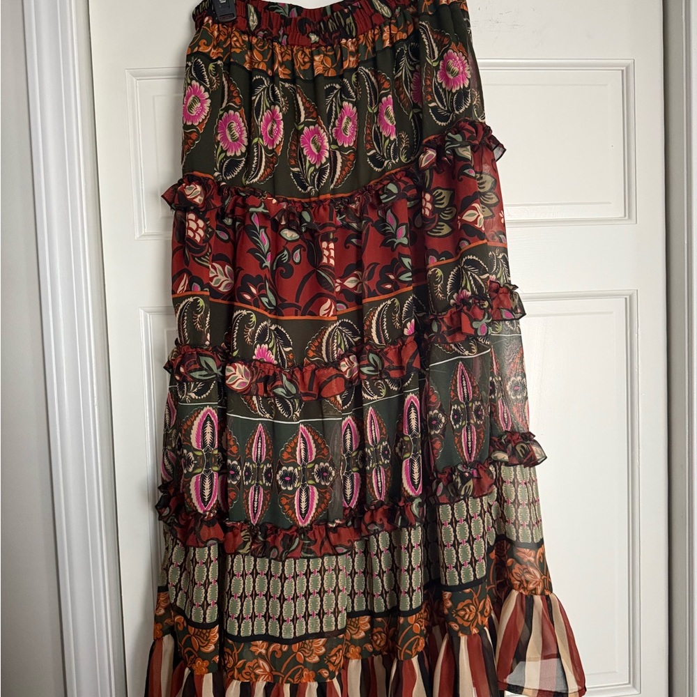 Bohemian Floral Maxi Skirt in Red and Green